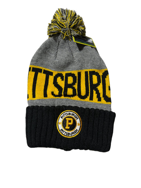 Pittsburgh Knit Pom Pom Beanie Hat Black / Yellow /Grey Knit Beanies Turnovers Inc