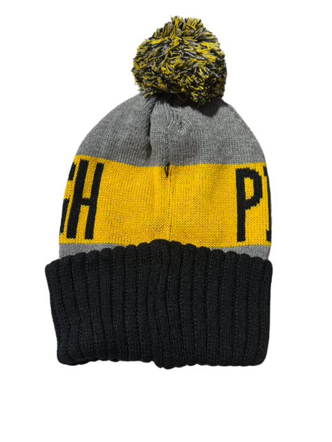 Pittsburgh Knit Pom Pom Beanie Hat Black / Yellow /Grey Knit Beanies Turnovers Inc