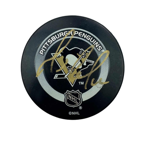 Autographed/Signed Mario Lemieux Pittsburgh Penguins Logo Hockey Puck JSA COA