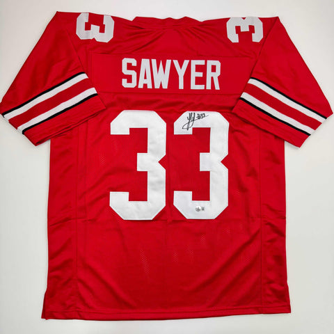 Autographed/Signed Jack Sawyer Ohio State Red College Football Jersey Beckett BAS COA