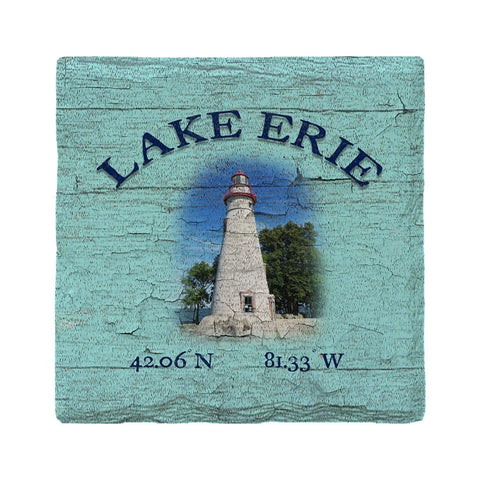 Lake Erie Lighthouse Blue Latitude Longitude Drink Coaster Set Coasters Mill Wood Art Coasters 4.25" x 4.25"  