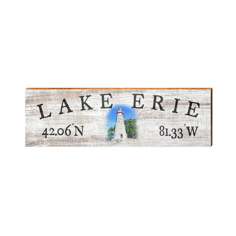 Lake Erie Lighthouse White Minimal Latitude Longitude | Wall Art Print on Real Wood Wood Sign Mill Wood Art 3.75" x 12"  