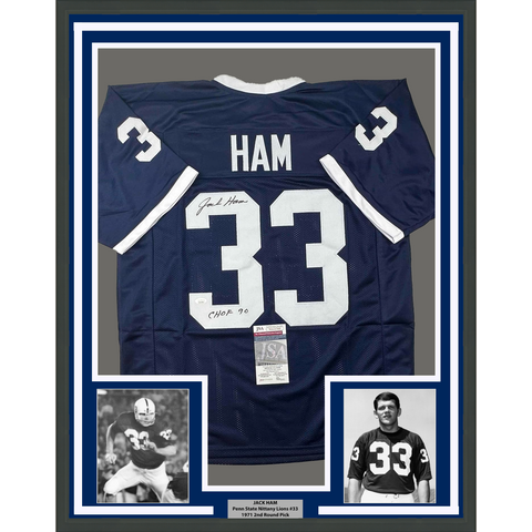 Framed Autographed/Signed Jack Ham 35x39 CHOF 90 Penn State Blue College Football Jersey JSA COA