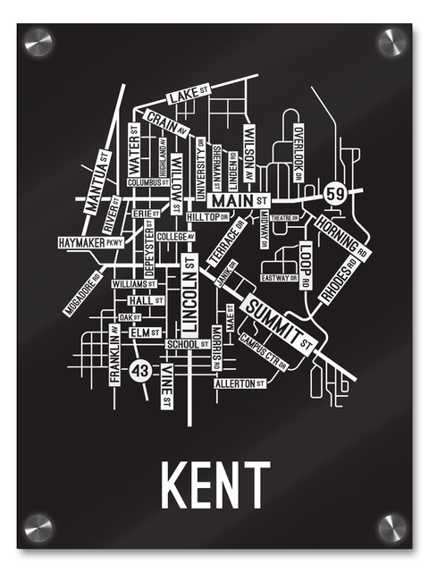 Kent, Ohio Street Map College Map Prints School Street Posters Black Background / White Map 18" x 22" Acrylic Print