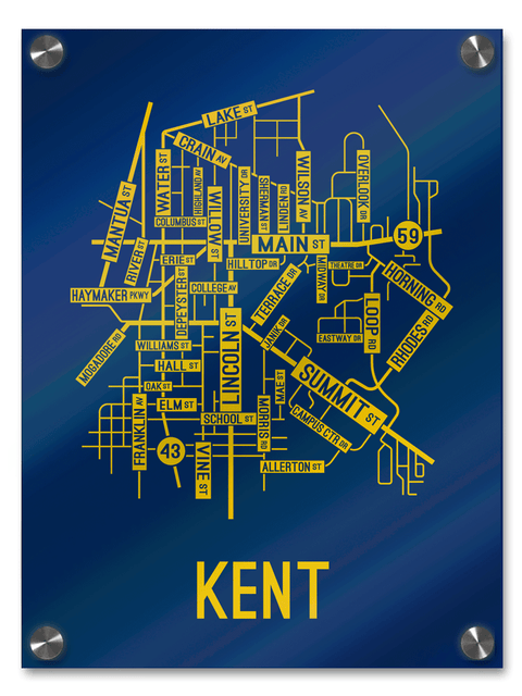 Kent, Ohio Street Map College Map Prints School Street Posters Blue Background / Gold Map 18" x 22" Acrylic Print