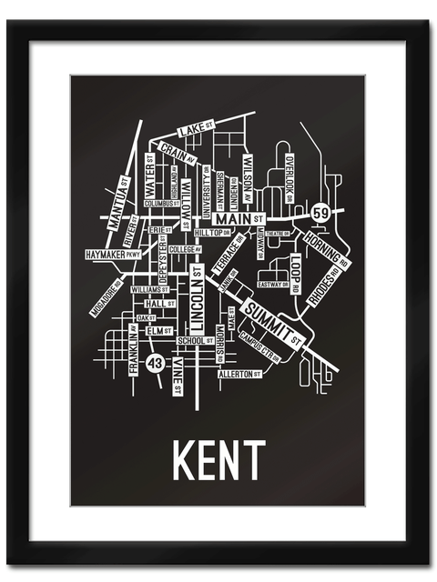 Kent, Ohio Street Map College Map Prints School Street Posters Black Background / White Map 11" x 14" Framed Print