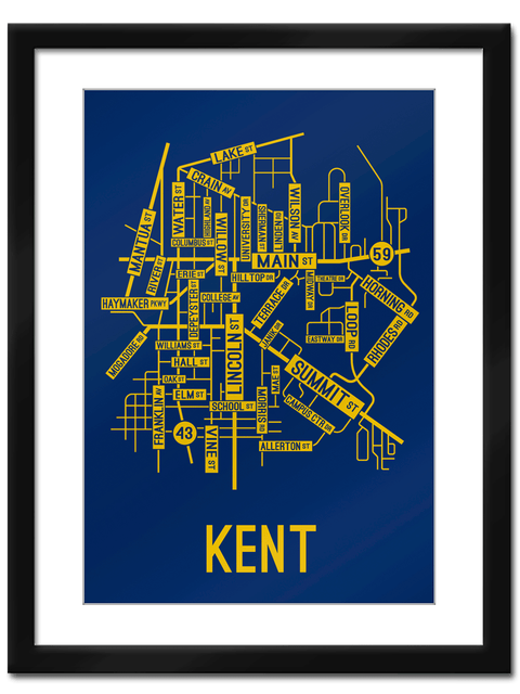 Kent, Ohio Street Map College Map Prints School Street Posters Blue Background / Gold Map 11" x 14" Framed Print