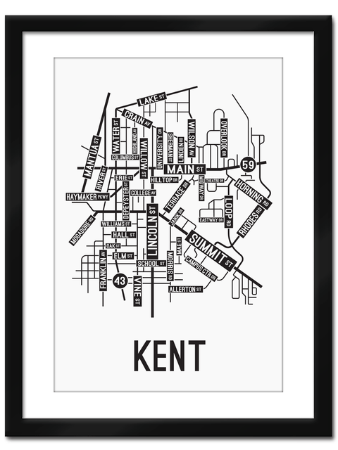 Kent, Ohio Street Map College Map Prints School Street Posters White Background / Black Map 11" x 14" Framed Print