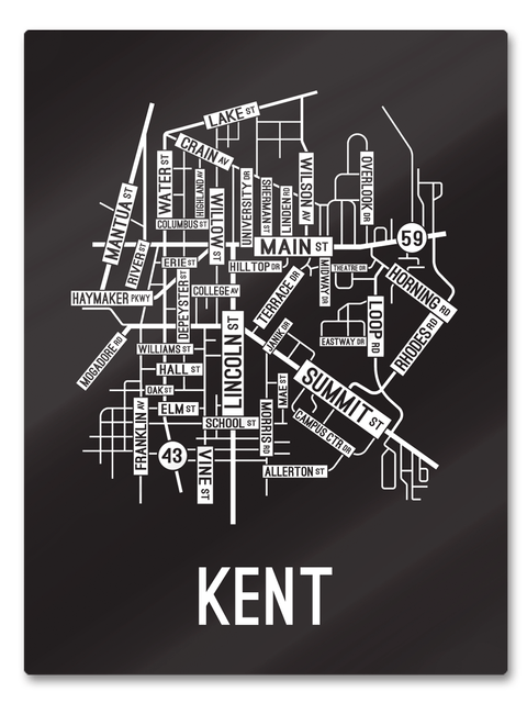 Kent, Ohio Street Map College Map Prints School Street Posters Black Background / White Map 18" x 22" Metal Print