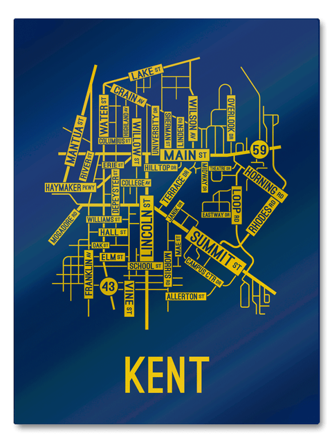 Kent, Ohio Street Map College Map Prints School Street Posters Blue Background / Gold Map 18" x 22" Metal Print