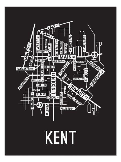 Kent, Ohio Street Map College Map Prints School Street Posters Black Background / White Map 11" x 14" Poster