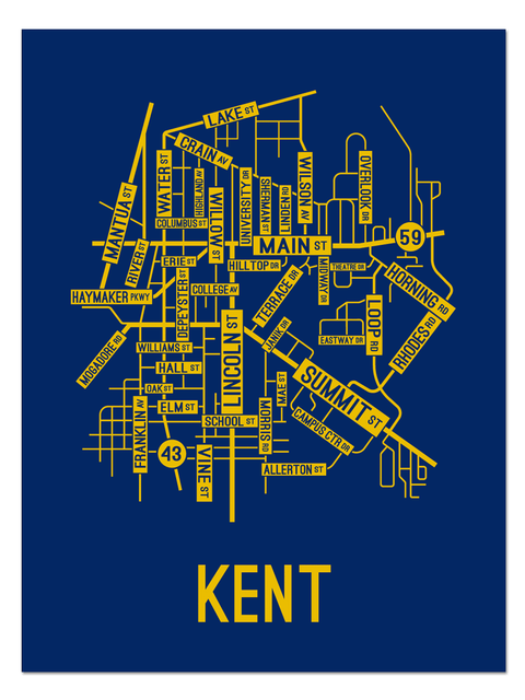 Kent, Ohio Street Map College Map Prints School Street Posters Blue Background / Gold Map 11" x 14" Poster