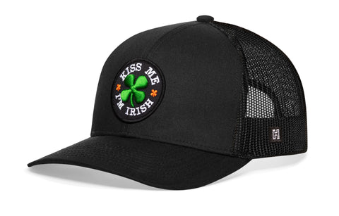 Kiss Me I'm Irish Trucker Hat  |  Black Shamrock Snapback