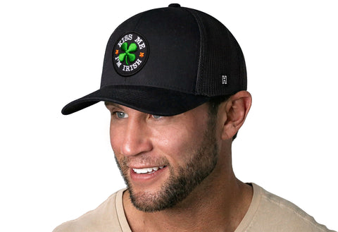 Kiss Me I'm Irish Trucker Hat  |  Black Shamrock Snapback