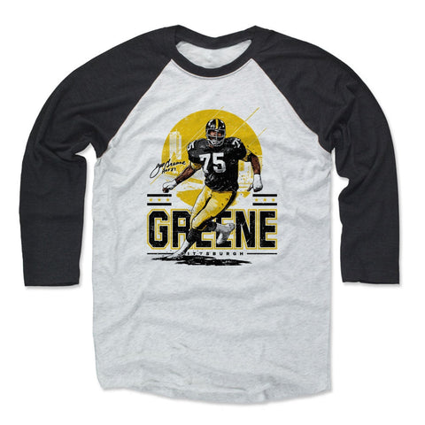 Joe Greene Pittsburgh Skyline Men's Baseball T-Shirt Men's Baseball T-Shirt 500 LEVEL Black / Ash XS Men's Baseball T-Shirt