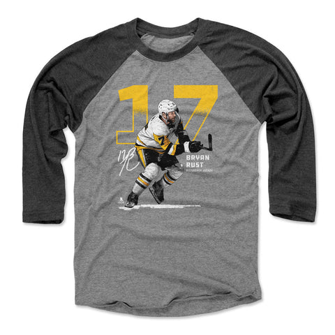 Pittsburgh Penguins Bryan Rust Men's Baseball T-Shirt Men's Baseball T-Shirt 500 LEVEL Black / Heather Gray XS Men's Baseball T-Shirt