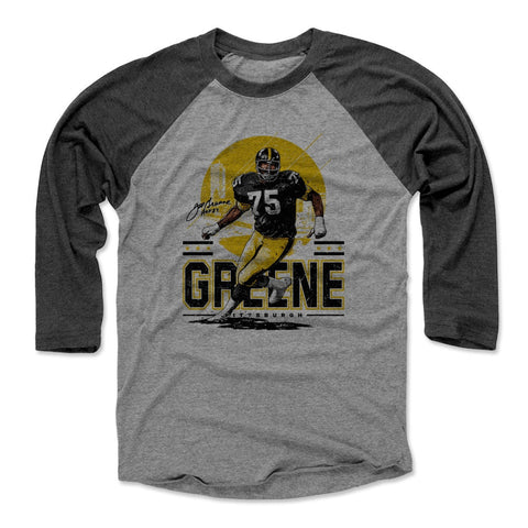 Joe Greene Pittsburgh Skyline Men's Baseball T-Shirt Men's Baseball T-Shirt 500 LEVEL Black / Heather Gray XS Men's Baseball T-Shirt