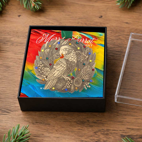 Merry Parrot Ornament – Handcrafted Bronze Holiday Ornament with Crystals