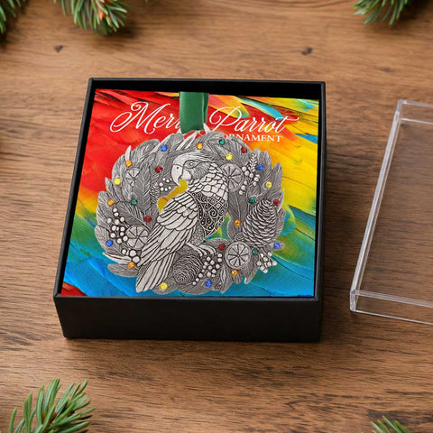 Merry Parrot Ornament - Handcrafted Aluminum Holiday Ornament with Crystals