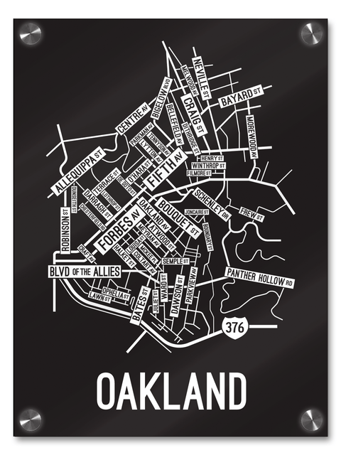 Oakland, Pittsburgh Street Map College Map Prints School Street Posters Black Background / White Map 18" x 22" Acrylic Print