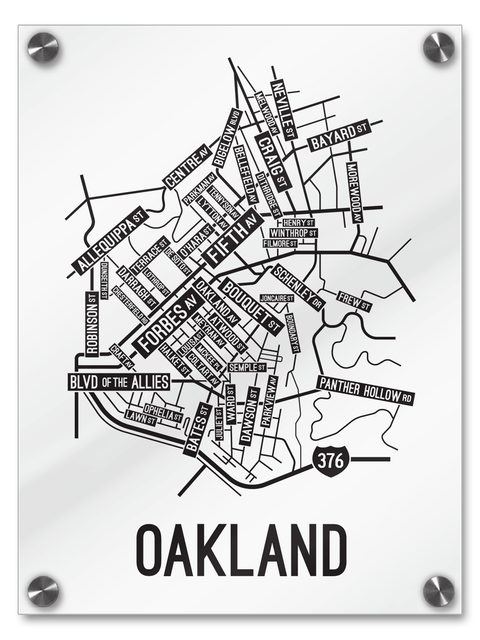 Oakland, Pittsburgh Street Map College Map Prints School Street Posters White Background / Black Map 18" x 22" Acrylic Print