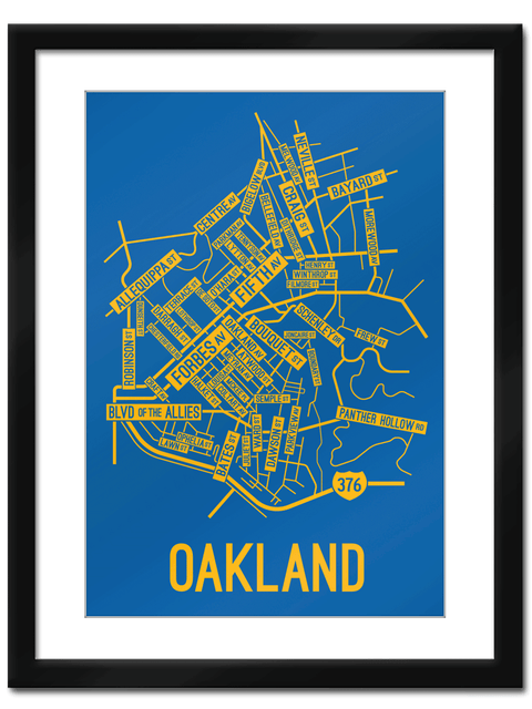 Oakland, Pittsburgh Street Map College Map Prints School Street Posters Blue Background / Yellow Map 11" x 14" Framed Print