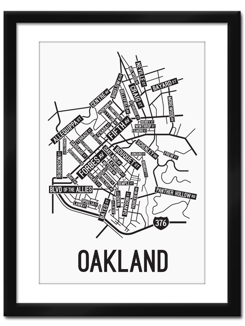 Oakland, Pittsburgh Street Map College Map Prints School Street Posters White Background / Black Map 11" x 14" Framed Print