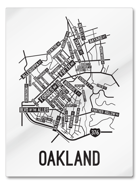 Oakland, Pittsburgh Street Map College Map Prints School Street Posters White Background / Black Map 18" x 22" Metal Print