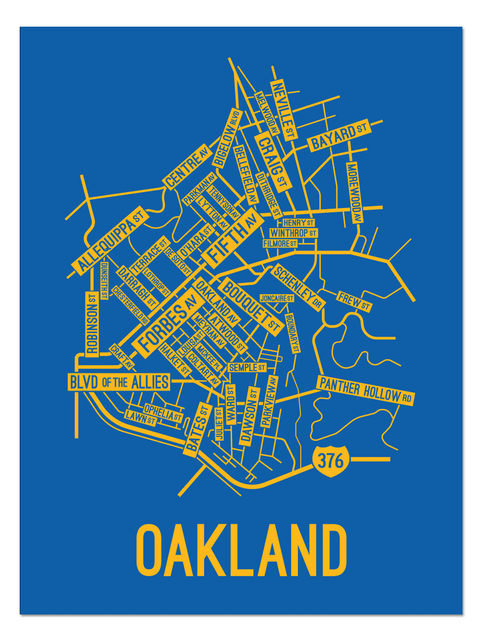 Oakland, Pittsburgh Street Map College Map Prints School Street Posters Blue Background / Yellow Map 11" x 14" Poster