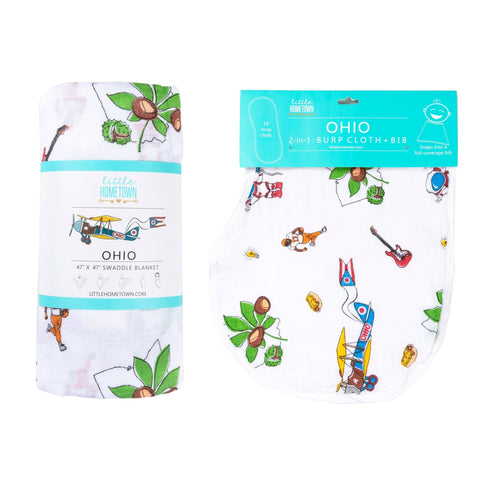 Ohio Baby Gift Set – Muslin Swaddle Blanket & Baby Burp Cloth Bib Combo