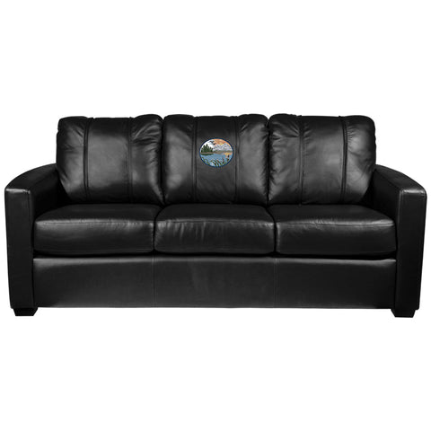 Silver Sofa with Mountain Background Logo Panel