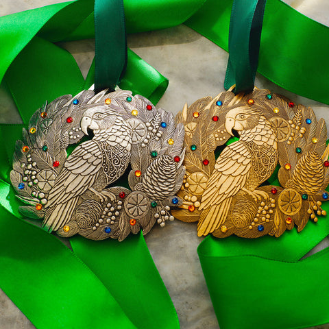 Merry Parrot Ornament – Handcrafted Bronze Holiday Ornament with Crystals