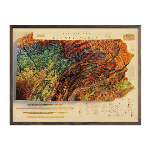 Pennsylvania 1960 Shaded Relief Map State Map Art Muir Way 24x18 Inch - 2D Print Walnut 