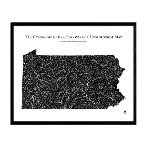 Pennsylvania Hydrological Map State Map Art Muir Way Black w/ Black Frame 18x24 Inch