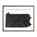 Pennsylvania Hydrological Map State Map Art Muir Way Black w/ Walnut Frame 18x24 Inch