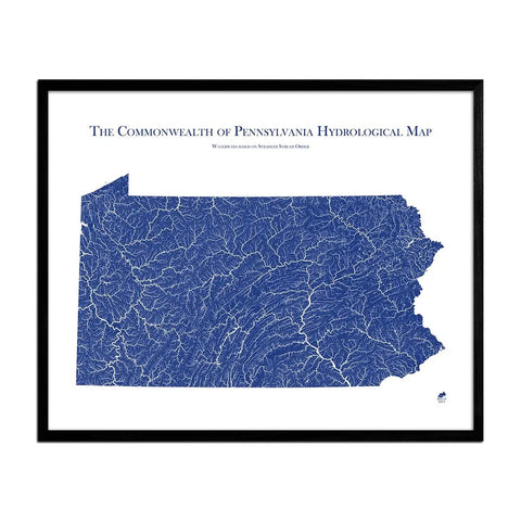 Pennsylvania Hydrological Map State Map Art Muir Way Blue w/ Black Frame 18x24 Inch