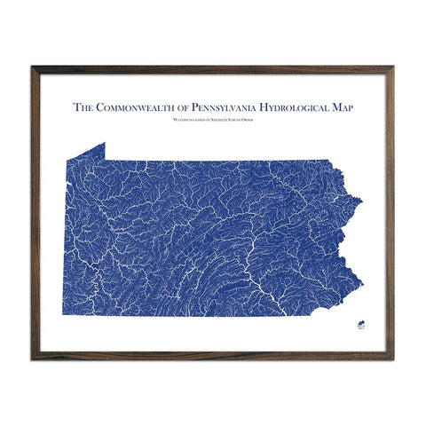 Pennsylvania Hydrological Map State Map Art Muir Way Blue w/ Walnut Frame 18x24 Inch