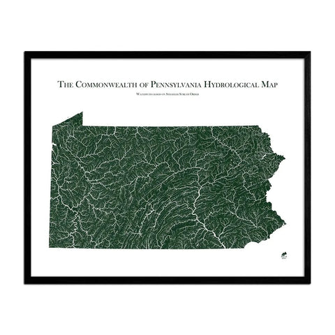 Pennsylvania Hydrological Map State Map Art Muir Way Green w/ Black Frame 18x24 Inch