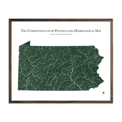 Pennsylvania Hydrological Map State Map Art Muir Way Green w/ Walnut Frame 18x24 Inch