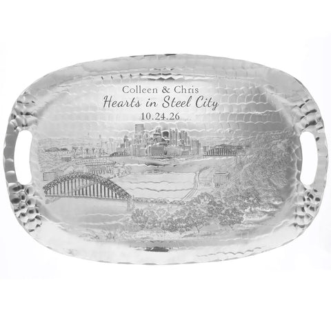 Pittsburgh Skyline Tray – Artisan Forged Luncheon Serving Tray with New Stadiums Design