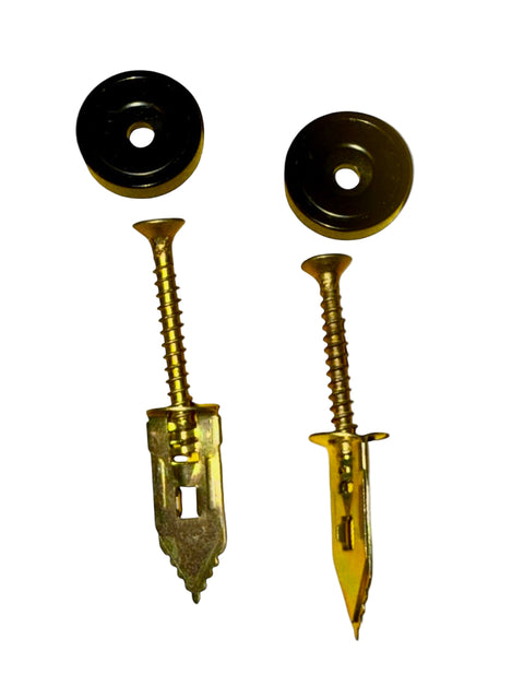 Two gold screws with black washers on a white background