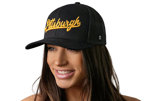 Pittsburgh Gold Script Trucker Hat  |  Black Pennsylvania Snapback
