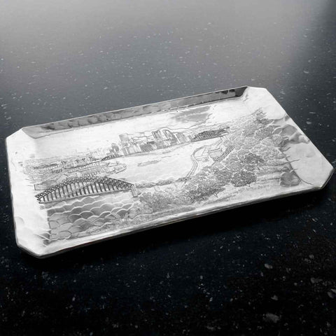 Pittsburgh Skyline Tray - Hand Hammered Aluminum Hostess Serving Tray by Wendell August Forge