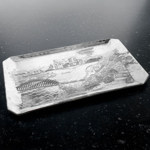 Pittsburgh Skyline Tray - Hand Hammered Aluminum Hostess Serving Tray by Wendell August Forge