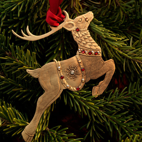 Merry Reindeer Ornament - Bronze European Crystal Holiday Decor by Wendell August Forge