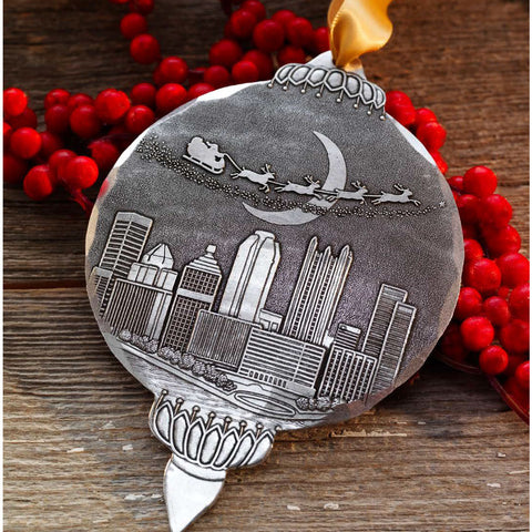 Santa Pittsburgh Ornament – Whimsical Holiday City Keepsake with Reindeer Flying Over Skyline