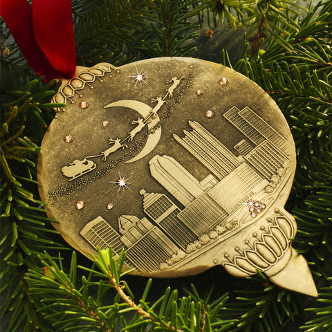 Santa Over Pittsburgh with Crystals (Bronze) Ornament Wendell August Forge   