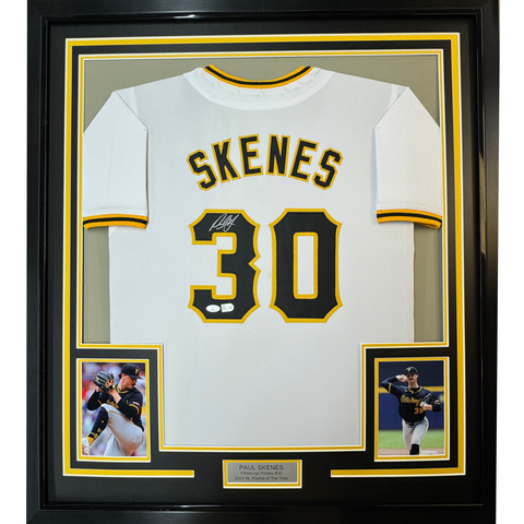 Framed Autographed/Signed Paul Skenes 35x39 Pittsburgh White Baseball Jersey JSA COA