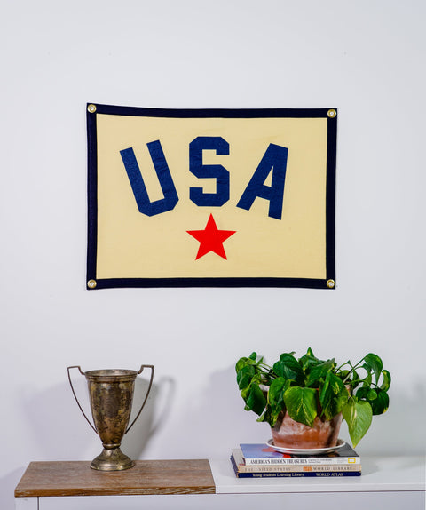 USA Camp Flag | Oxford Pennant Wool Felt Banner – Red White Blue Flag