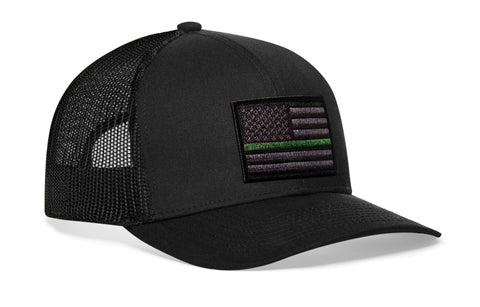 Thin Green Line Trucker Hat  |  Black Military Tactical Snapback